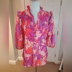 Floral Ruffle Sleeve Blouse - Pink and Purple